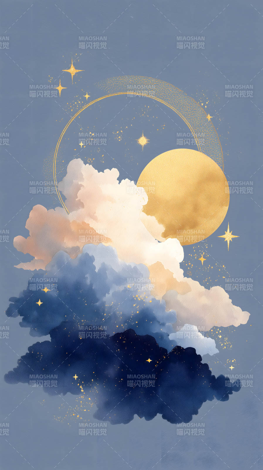 夜晚天空下的金色月亮和星星-圖片