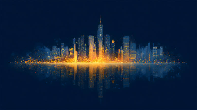 夜幕下的城市燈火輝煌倒影-圖片