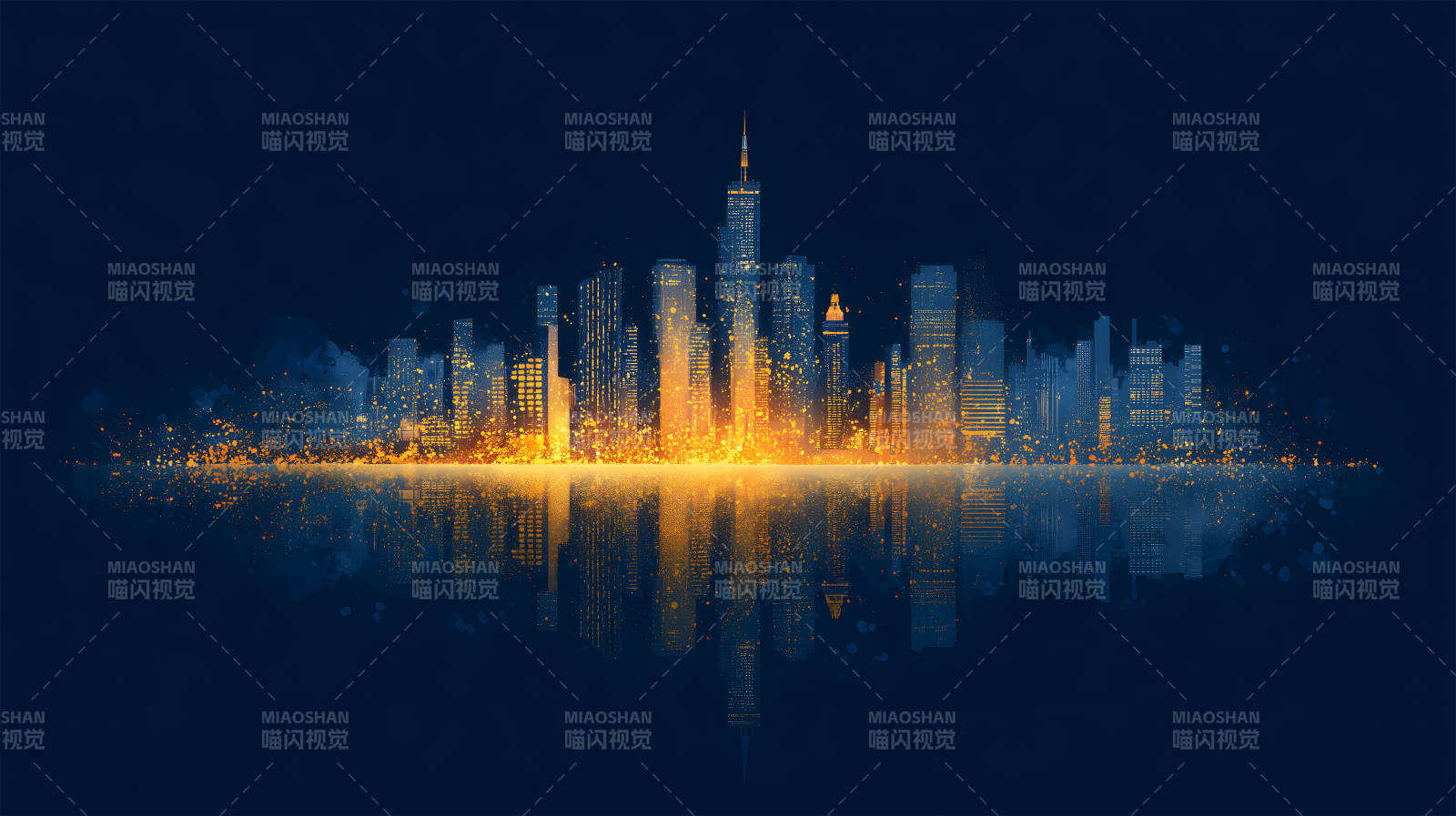 夜幕下的城市燈火輝煌倒影-圖片