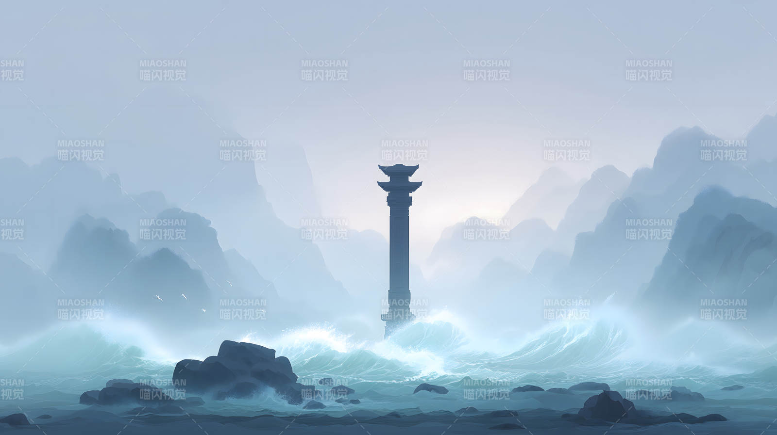 孤塔佇立海浪之中霧氣繚繞山巒連綿-圖片