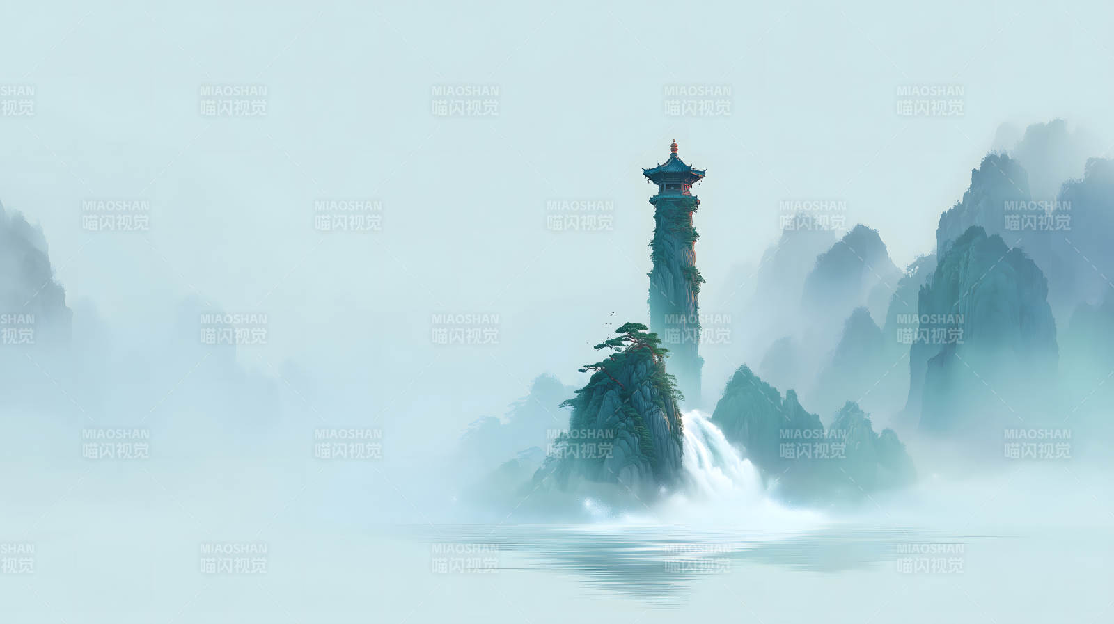 水墨畫(huà)意境山水風(fēng)景遠(yuǎn)山寺廟-圖片