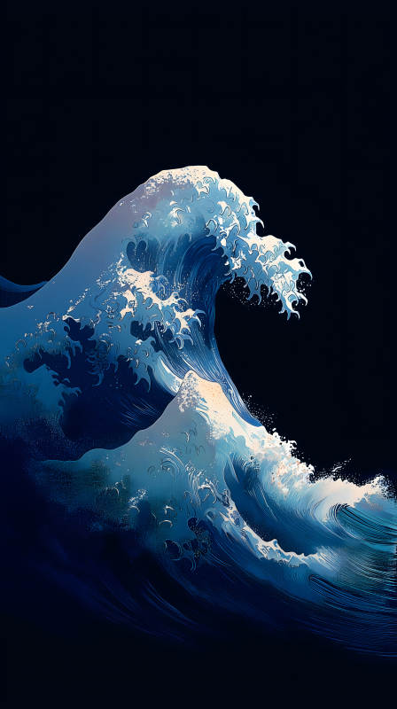 巨浪翻滾的藍色水墨畫-圖片