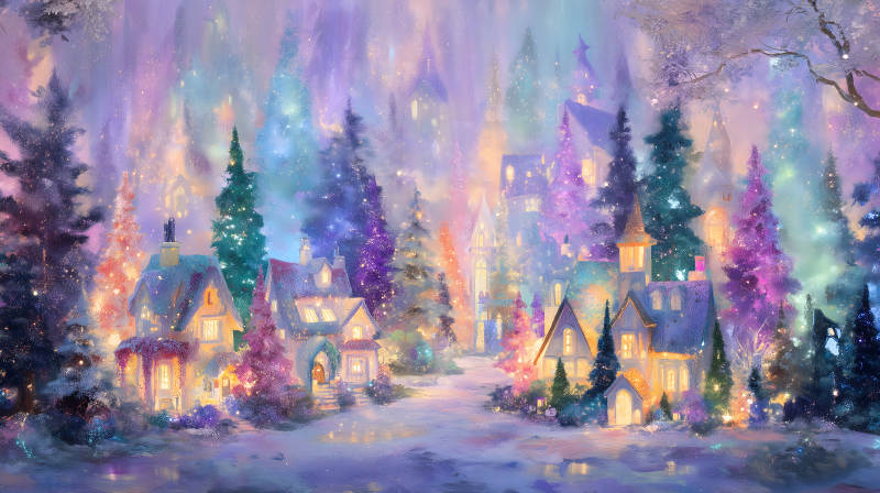 夢幻冬日小鎮(zhèn)夜晚景色-圖片