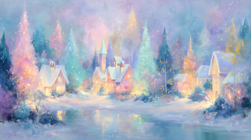 冬日夢幻雪景小鎮(zhèn)油畫-圖片