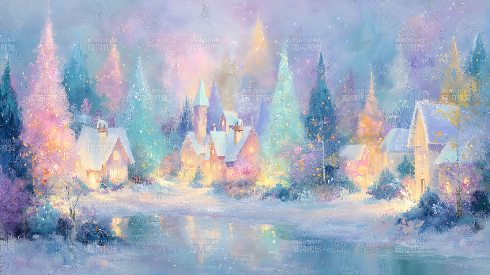 冬日夢幻雪景小鎮油畫-圖片