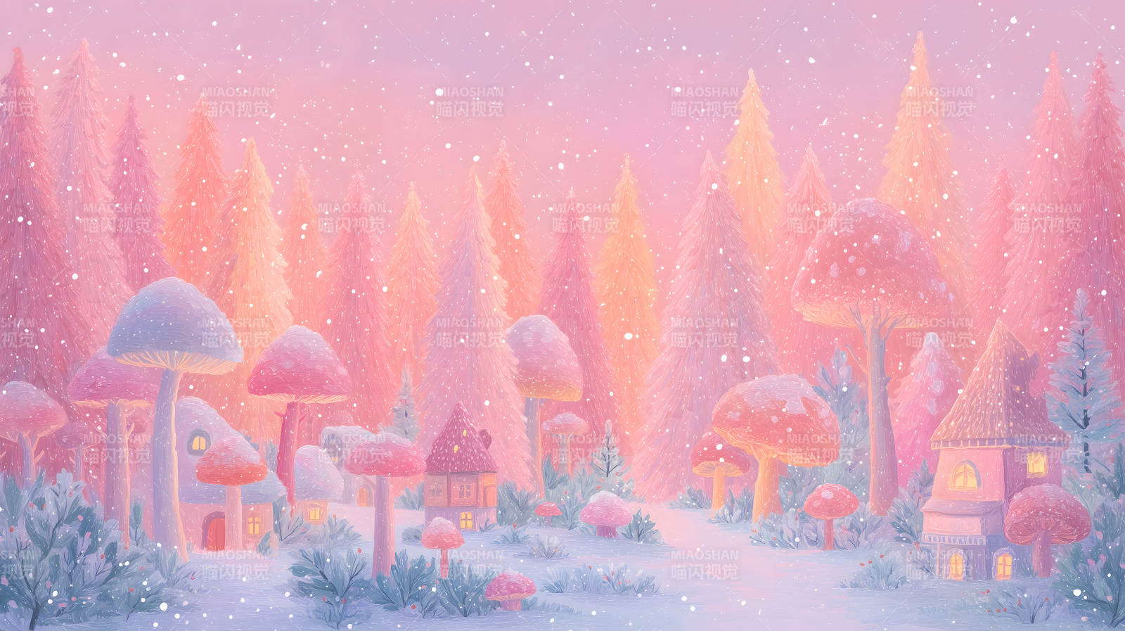 夢幻粉色森林冬日場景-圖片