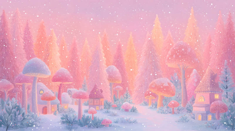 夢(mèng)幻粉色森林冬日?qǐng)鼍?圖片