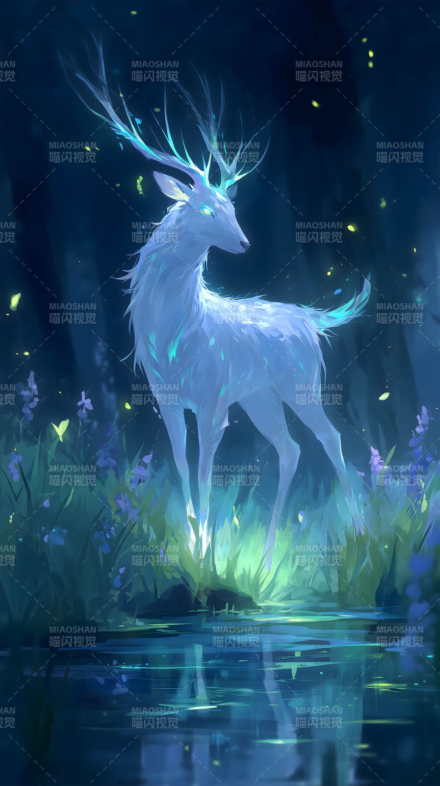 發(fā)光麋鹿佇立水畔的夢(mèng)幻場(chǎng)景-圖片