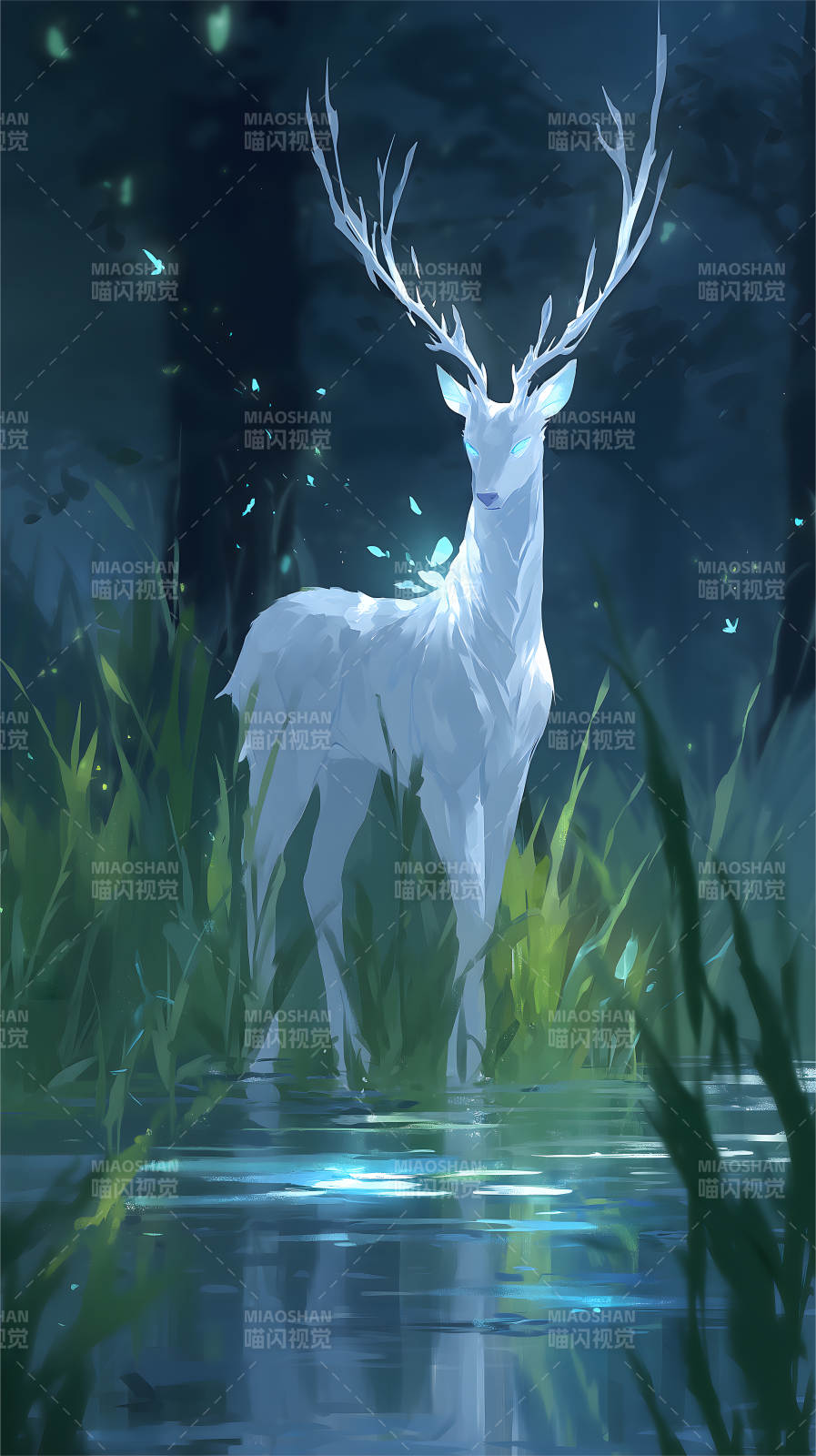 發光白鹿佇立水面森林-圖片
