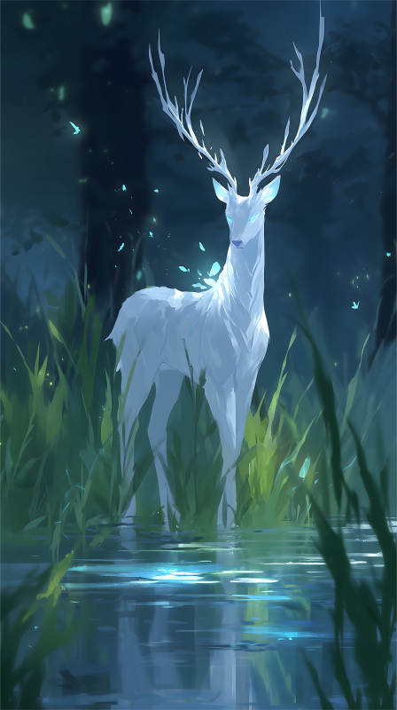 發(fā)光白鹿佇立水面森林-圖片