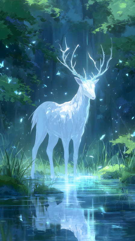 森林精靈鹿在水邊散發(fā)光芒-圖片