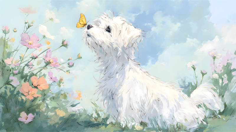 小狗與蝴蝶相遇在花海中-圖片