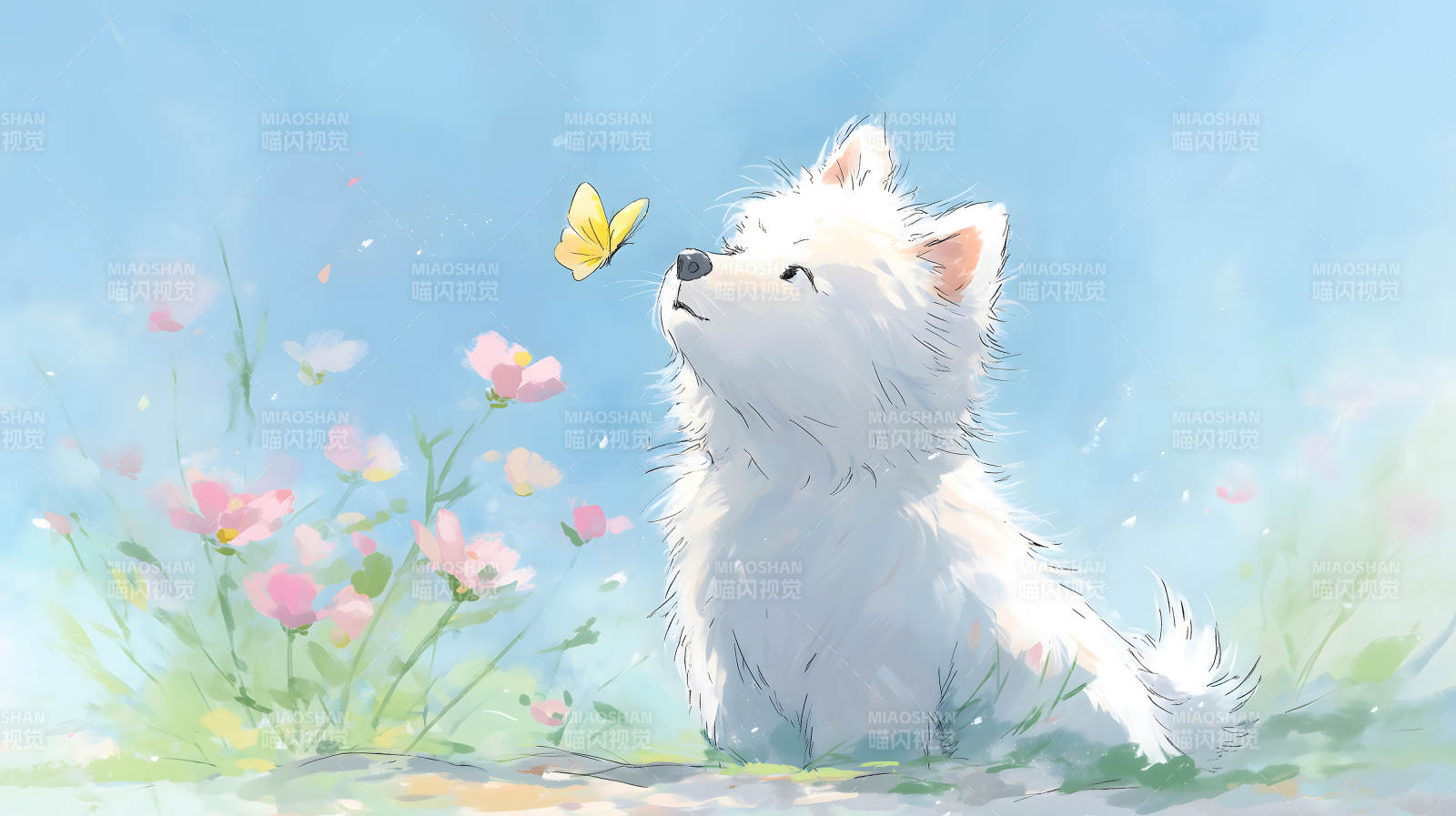 小狗與蝴蝶共賞春色-圖片