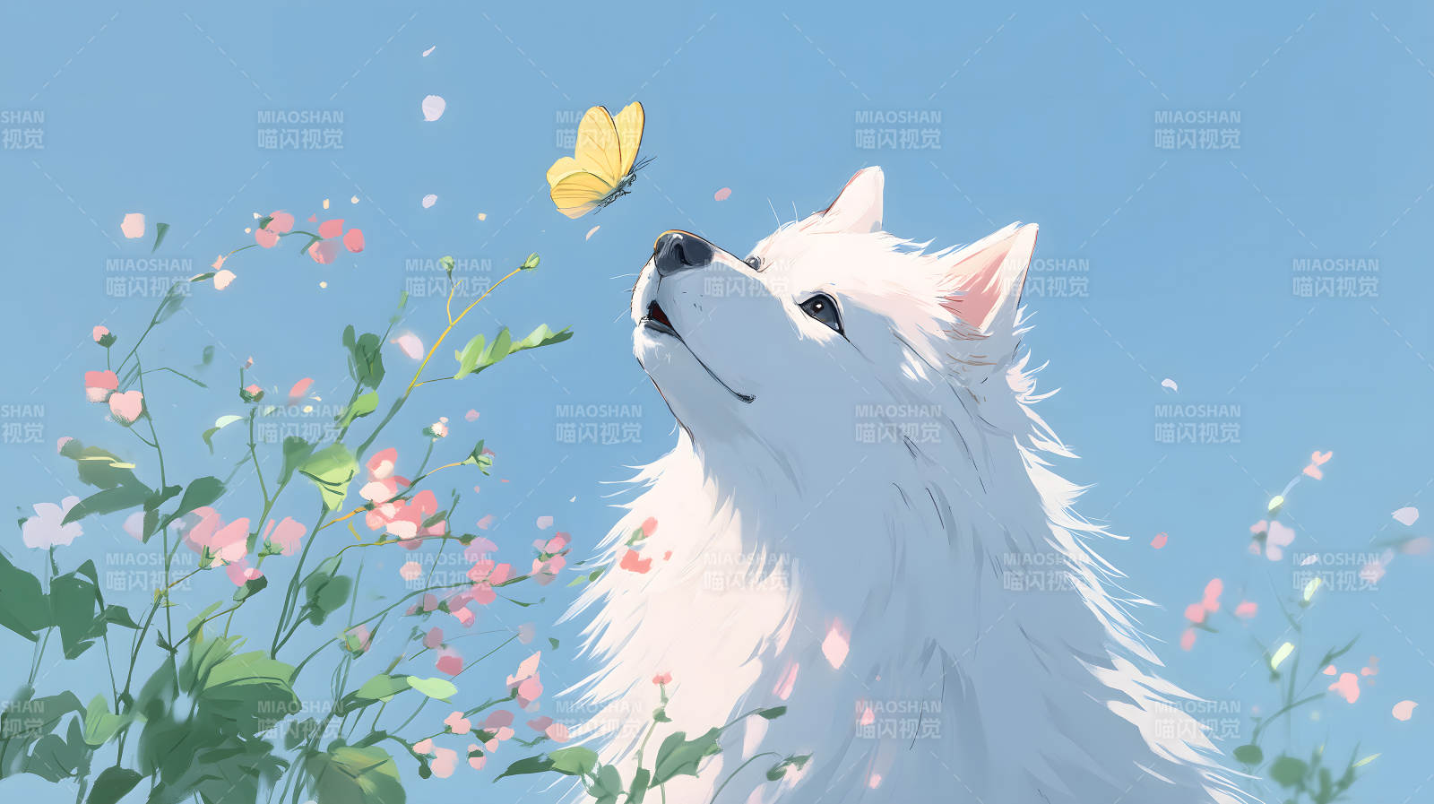 白狗仰望蝴蝶花草飄落天空-圖片