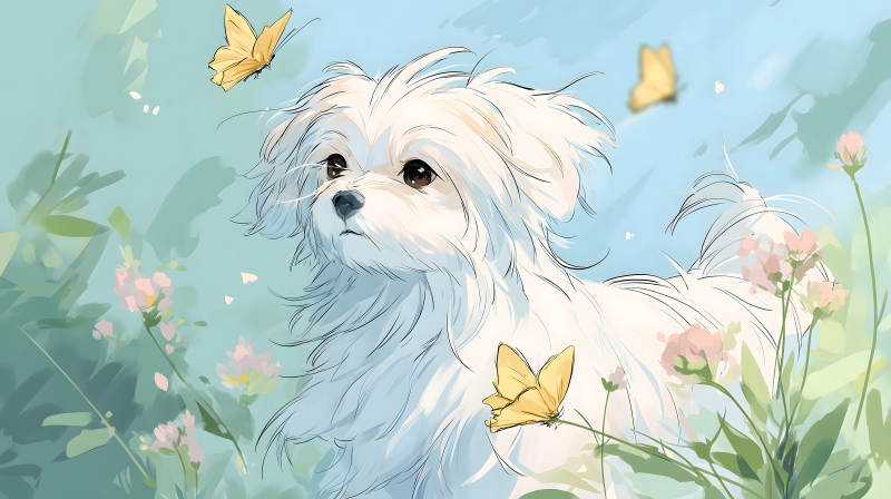 小狗與蝴蝶在花園里-圖片