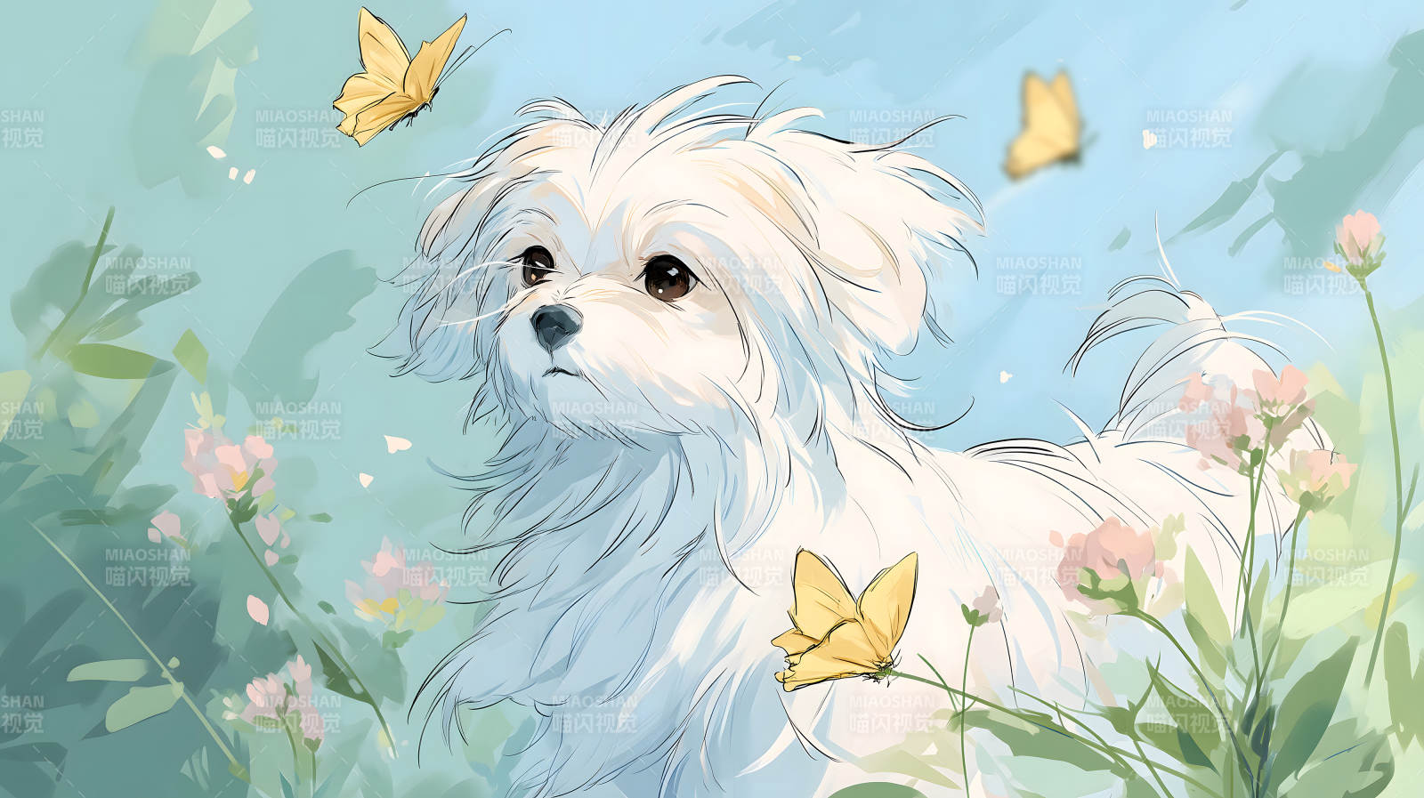 小狗與蝴蝶在花園里-圖片