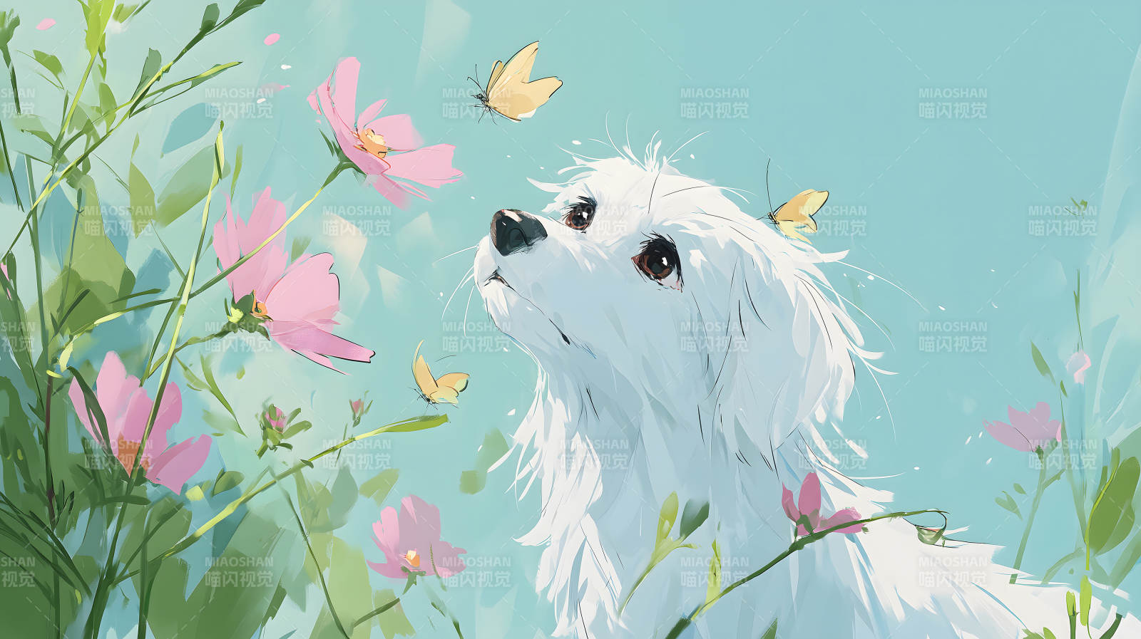 小狗凝視蝴蝶花朵圍繞-圖片