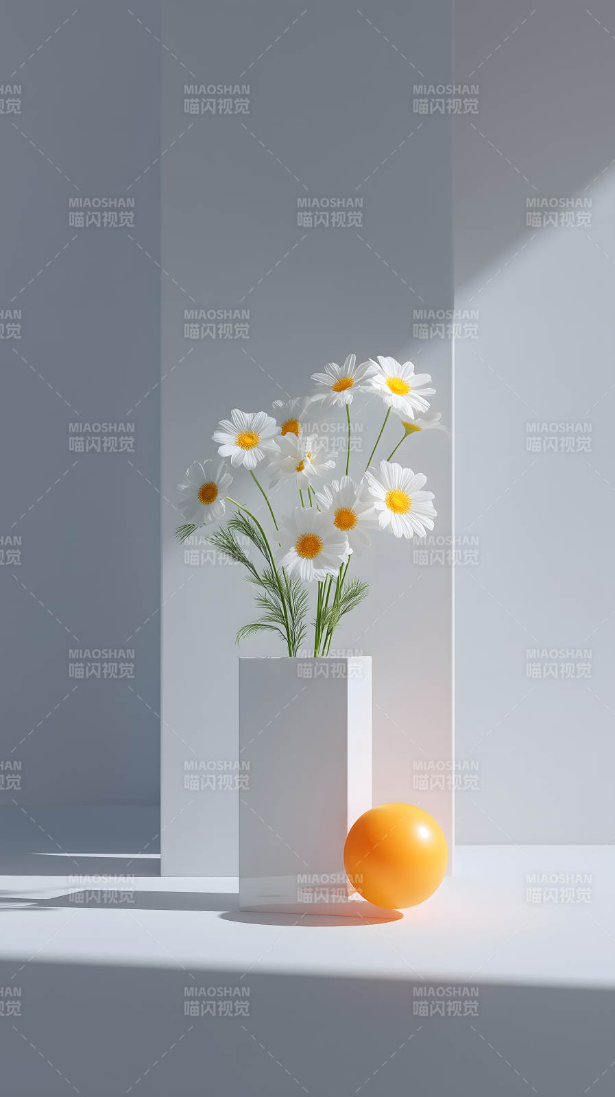 白色雛菊花束與橙色球的簡約構圖-圖片
