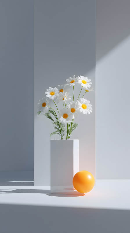 白色雛菊花束與橙色球的簡約構圖-圖片