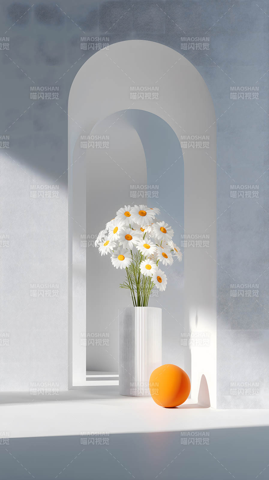 室內靜物拍攝雛菊和橙色球-圖片