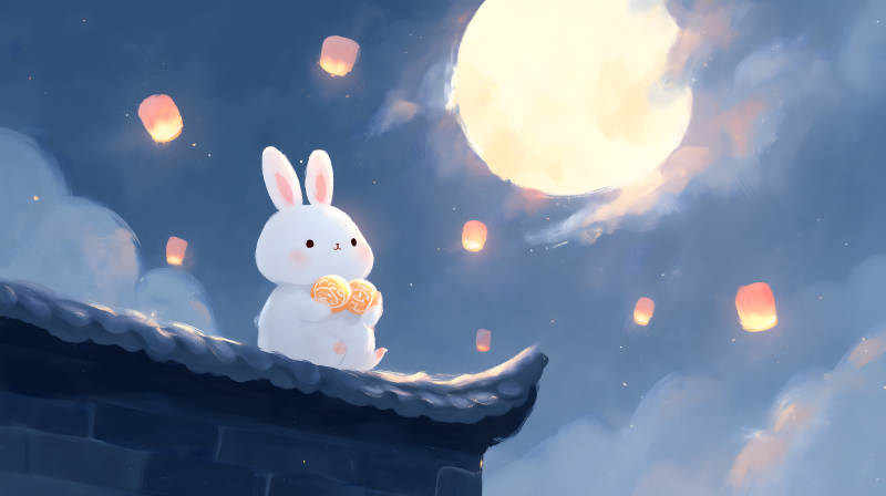 月夜玉兔賞月吃餅-圖片