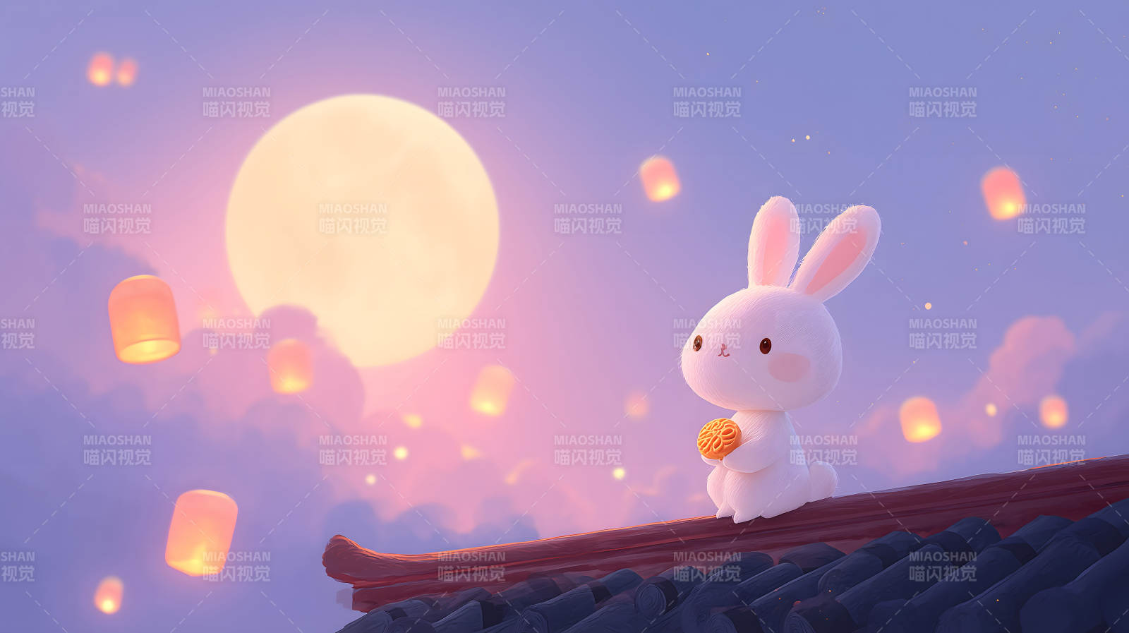 月兔赏月吃月饼灯笼飞舞夜空-图片