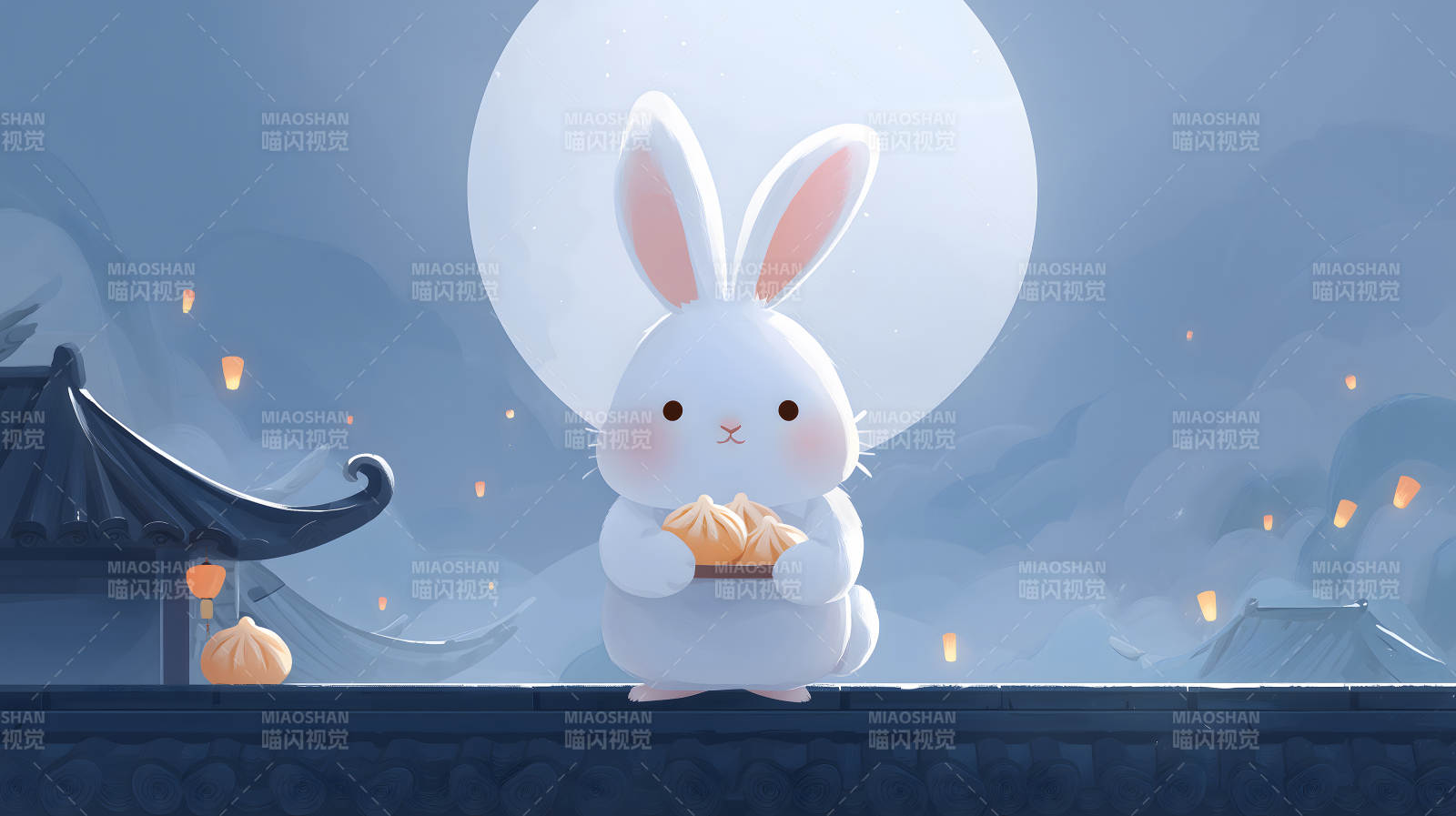 可爱兔子赏月吃包子中秋佳节喜乐团圆-图片