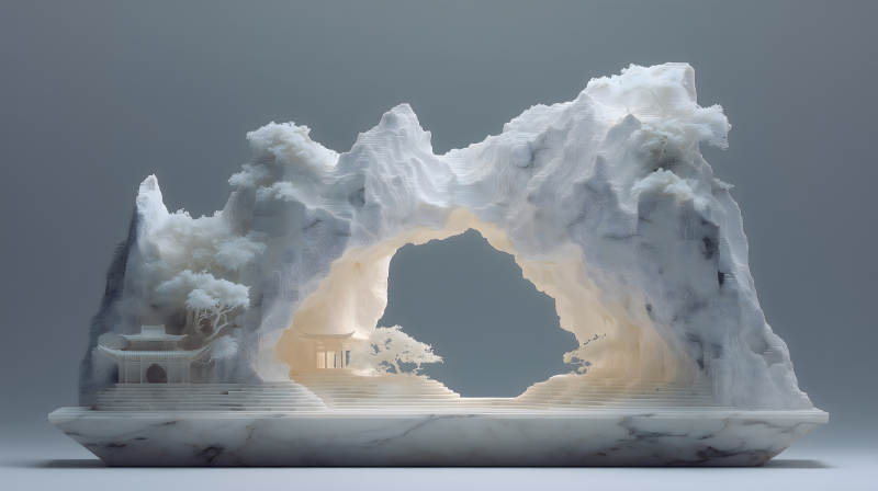 山石拱門庭院光影迷離的藝術品-圖片