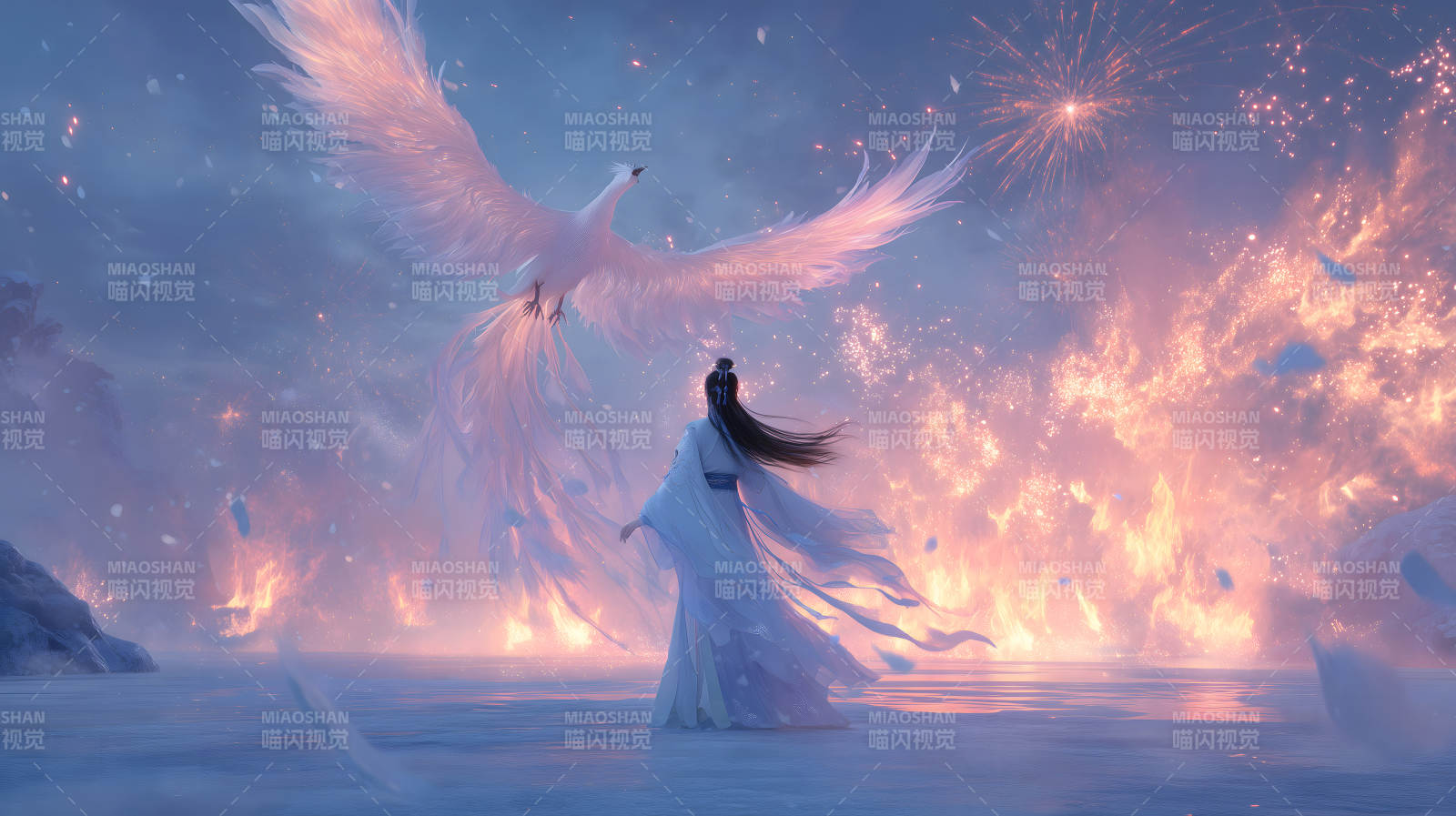 少女与凤凰共舞的梦幻景象-图片