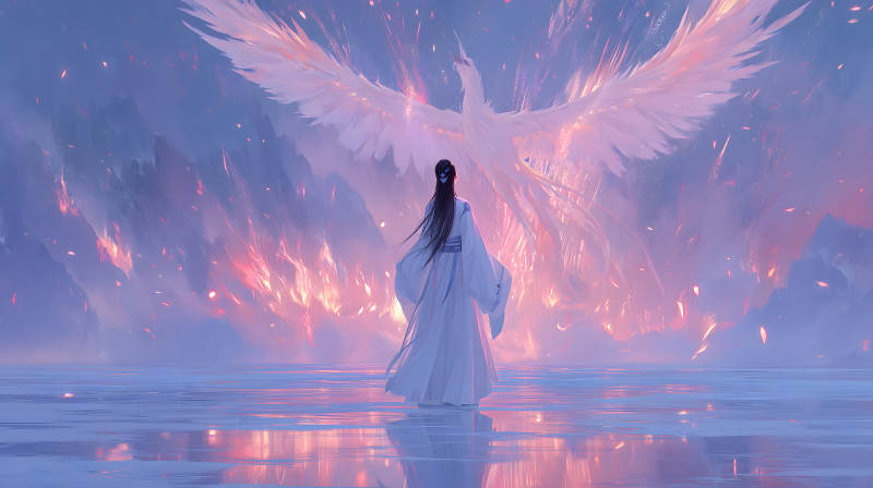 東方風格的鳳凰與仙女-圖片