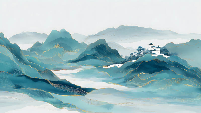 水墨山水畫金線裝飾的風景-圖片