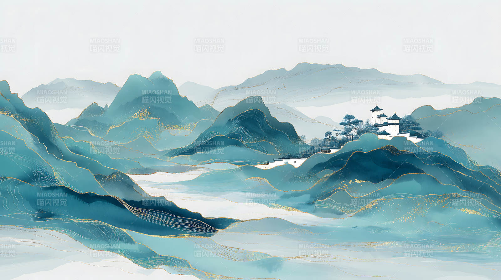 水墨山水畫(huà)金線裝飾的風(fēng)景-圖片