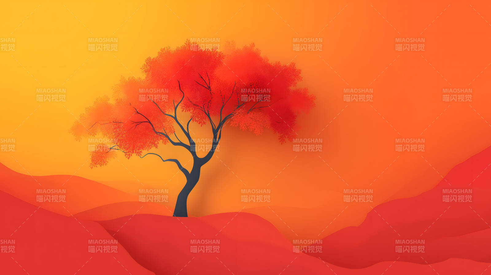 橙色风景树木绘画-图片