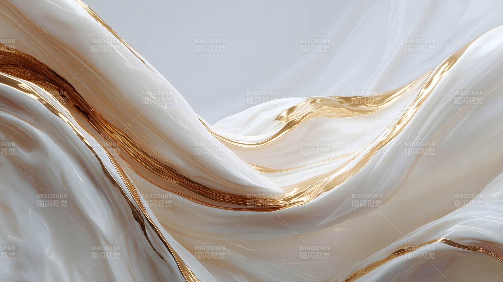 流动的白色绸缎与金色纹理-图片