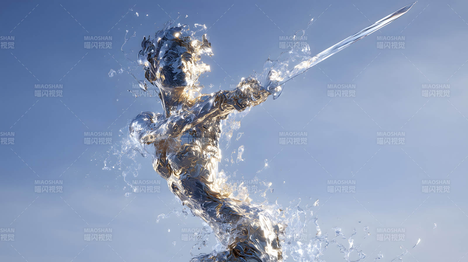 水人持剑挥舞蓝色天空-图片