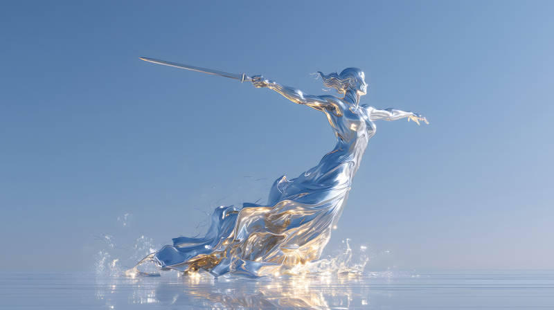 銀色雕像揮劍沖刺姿勢優美-圖片