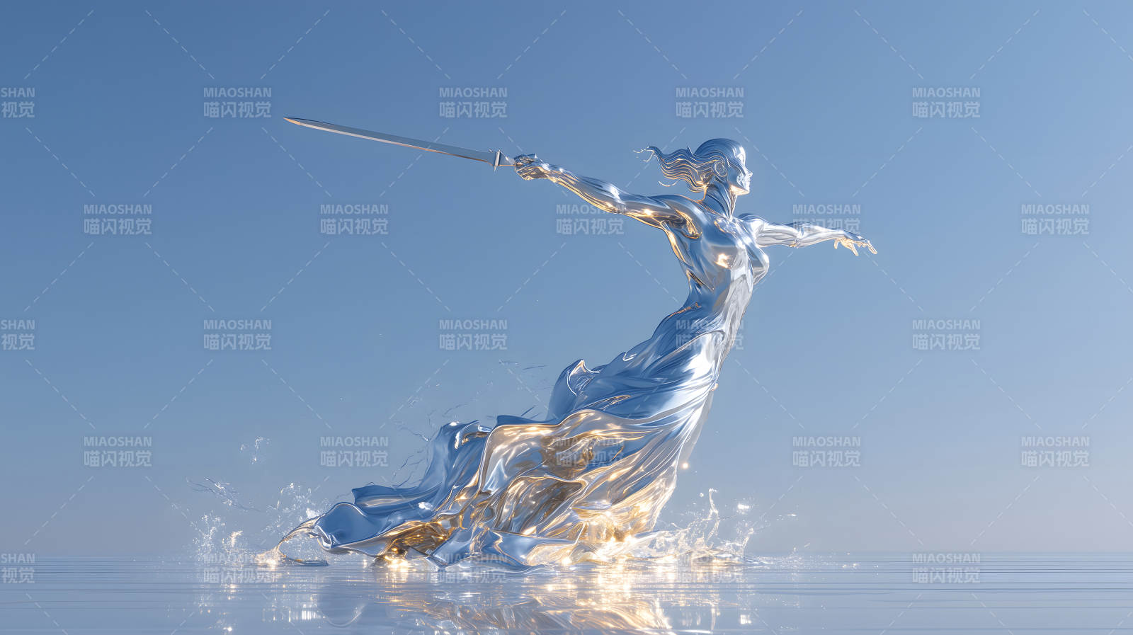 銀色雕像揮劍沖刺姿勢優美-圖片