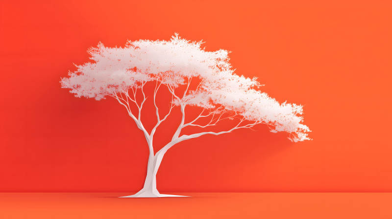 红背景下白色树木剪影-图片