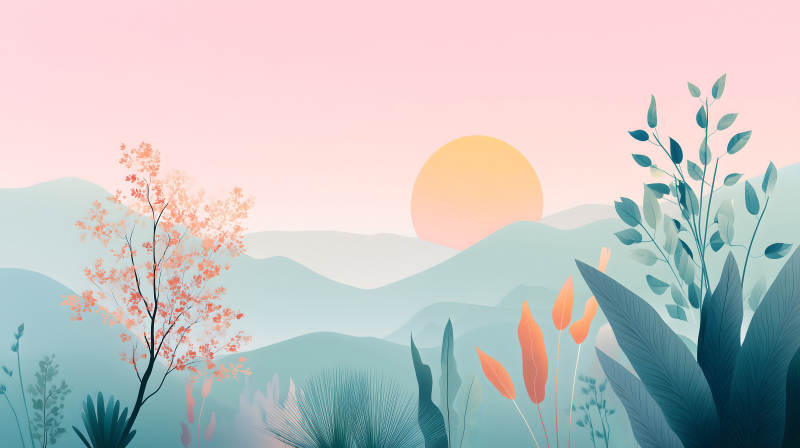 粉色天空下的植物與山巒-圖片