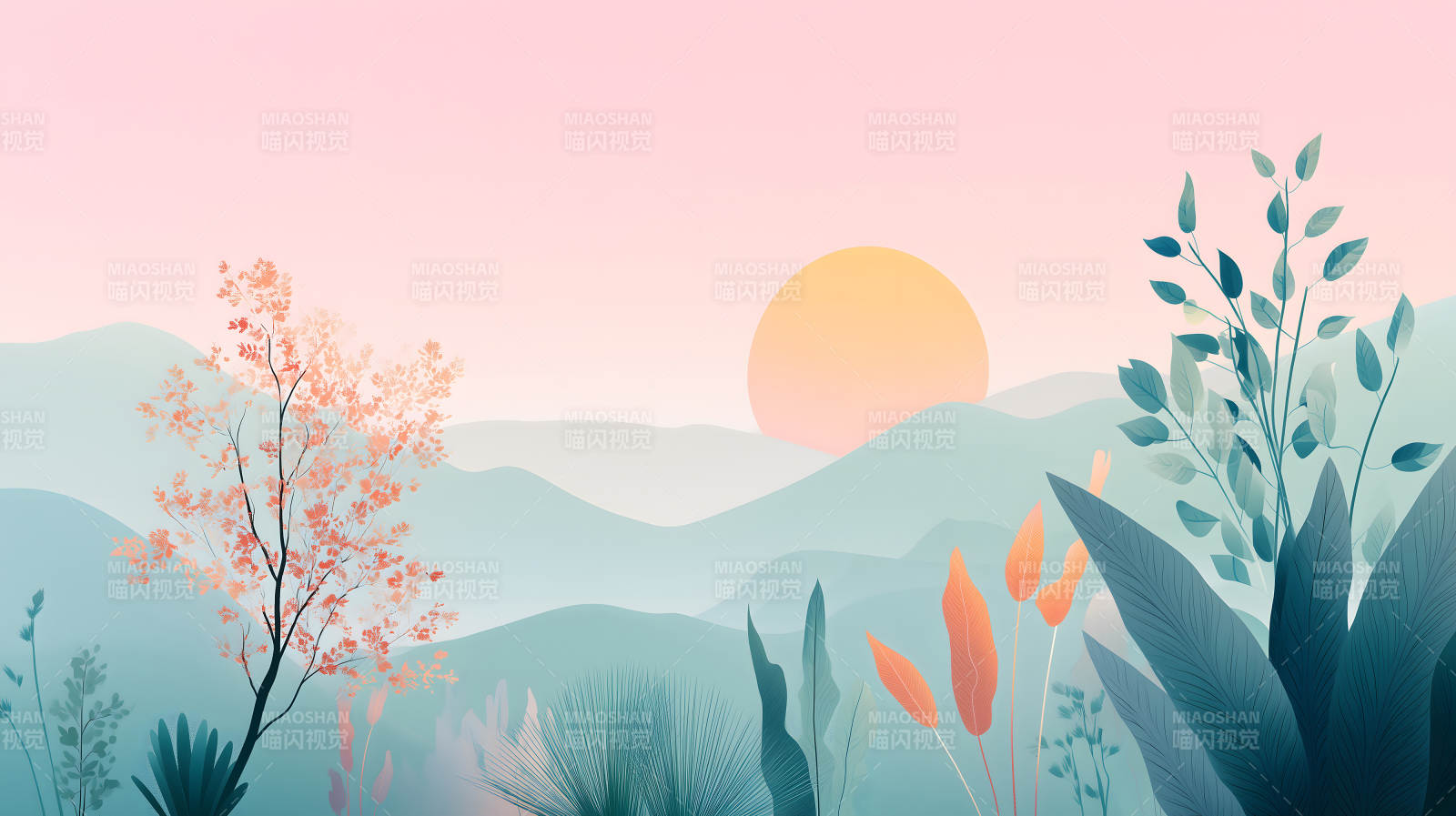 粉色天空下的植物与山峦-图片