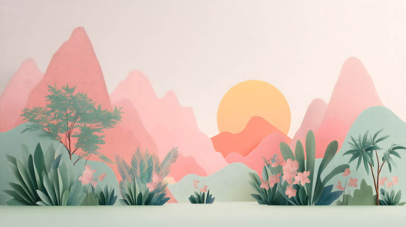 夢幻山景與植物-圖片