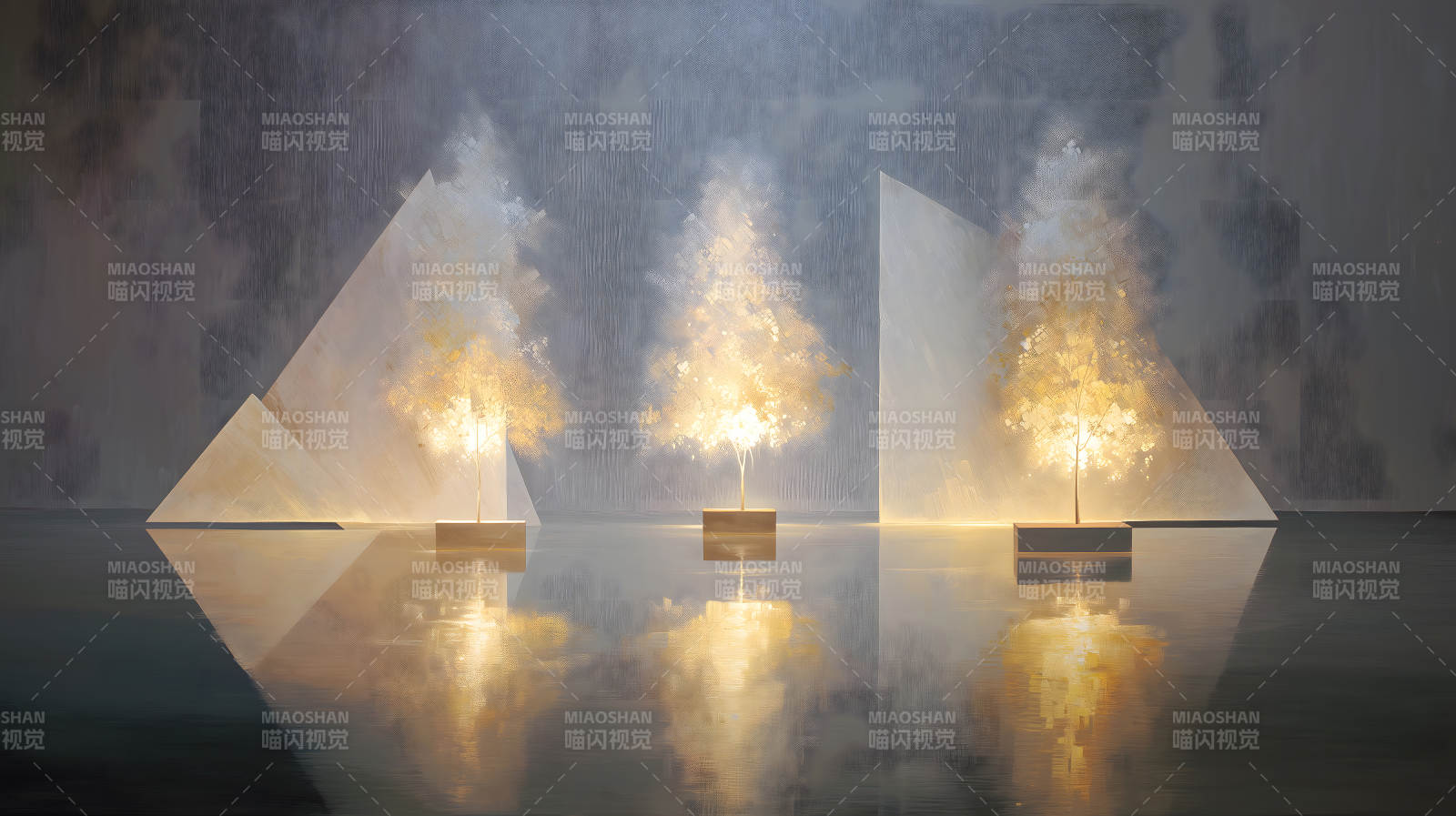 三棵發光的樹反射在水中-圖片