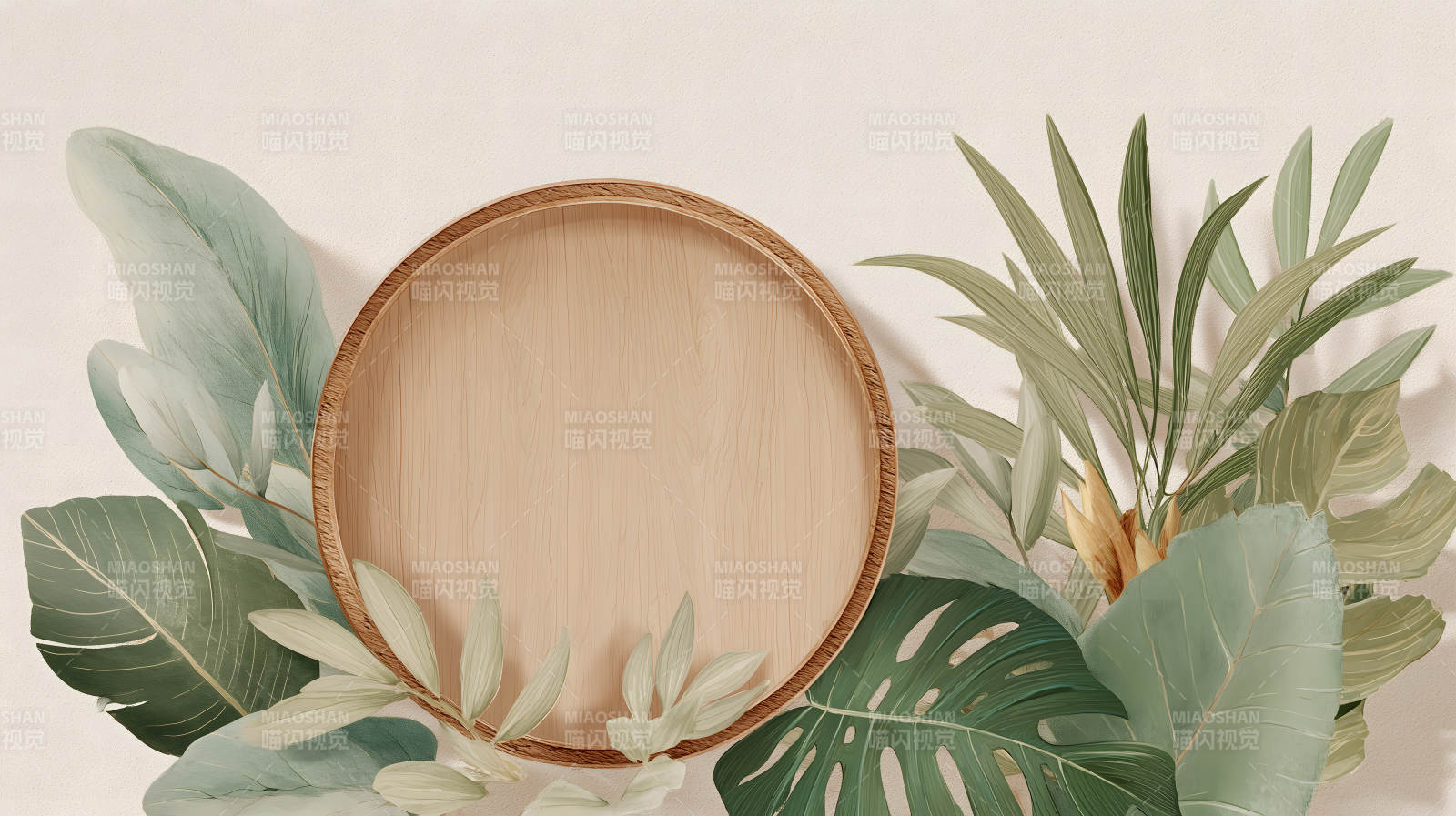 木质圆形相框装饰热带植物-图片