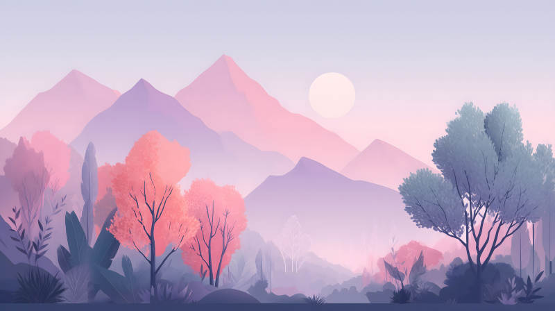 粉色山巒下的唯美森林-圖片