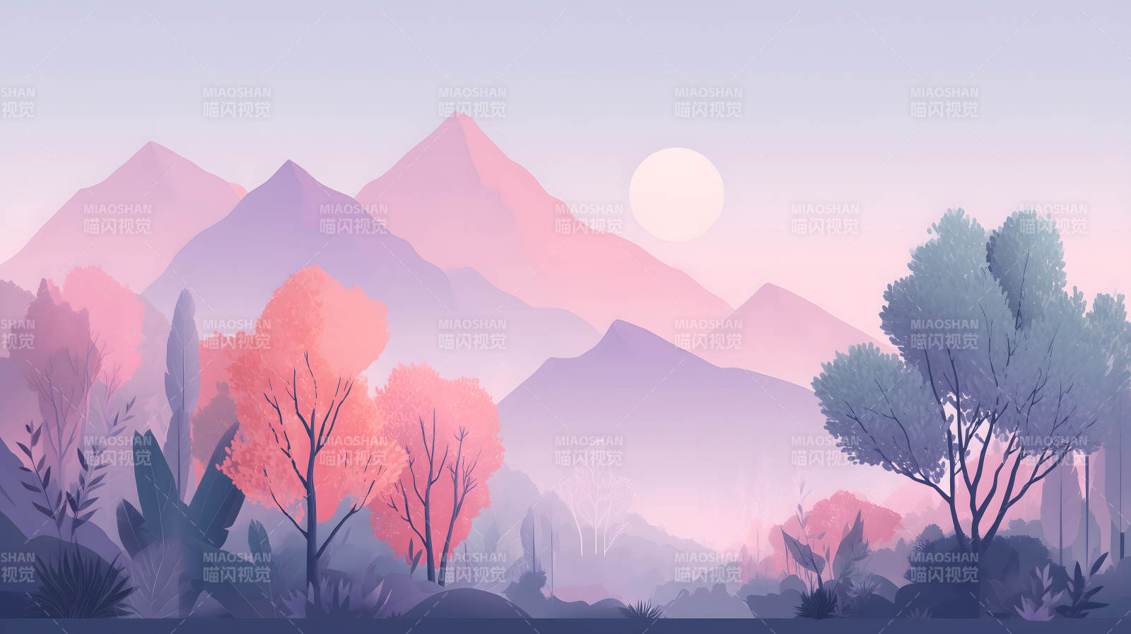 粉色山峦下的唯美森林-图片