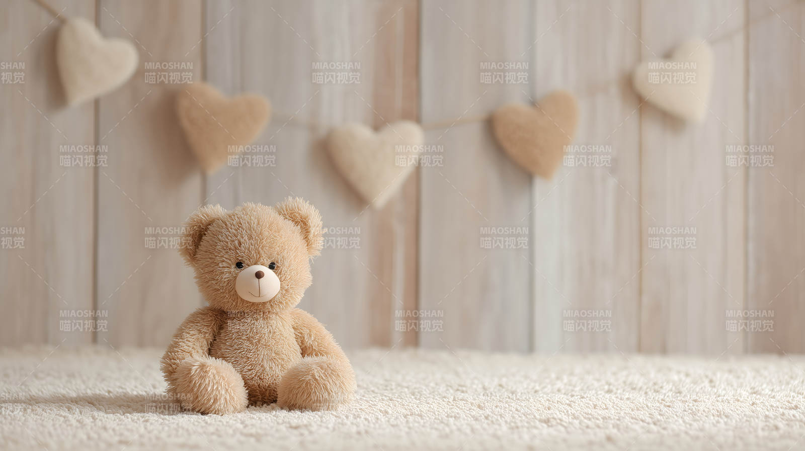 毛絨玩具熊搭配心形裝飾背景溫馨-圖片