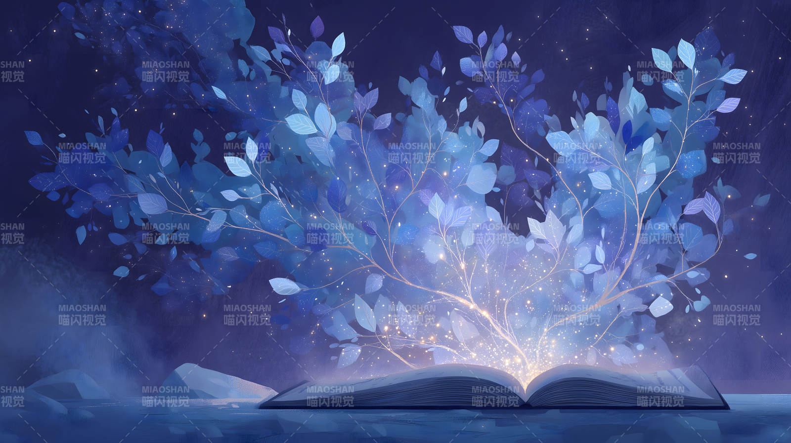 夢幻之書綻放光芒與藍色植物-圖片