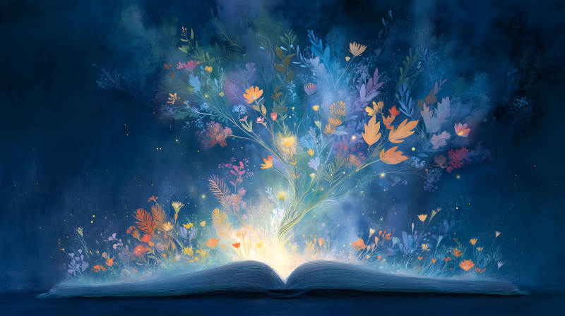 綻放的圖書與夢幻花草-圖片