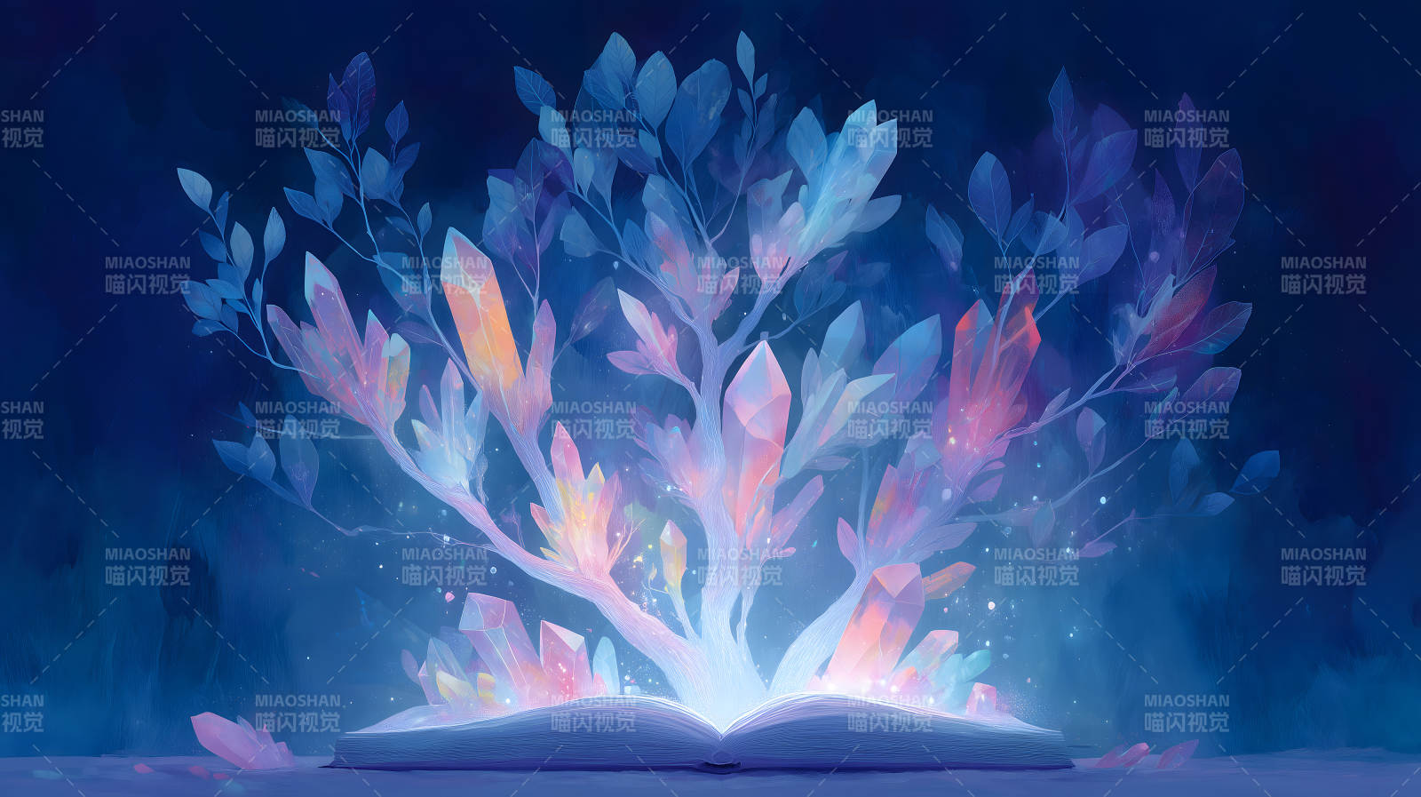 魔法書與水晶樹的夢幻景象-圖片