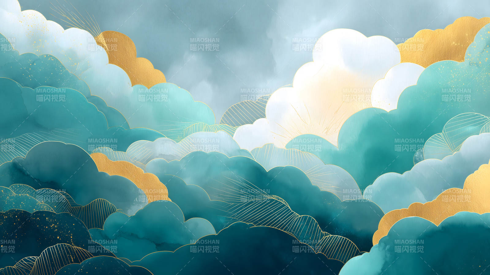 水墨云彩金邊裝飾畫-圖片